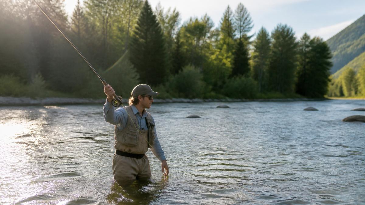 Beginner angler in waders standing waist-deep in river, demonstrating the backcast position with fly rod at 1 o'clock angle, morning sunlight reflecting off water and rod