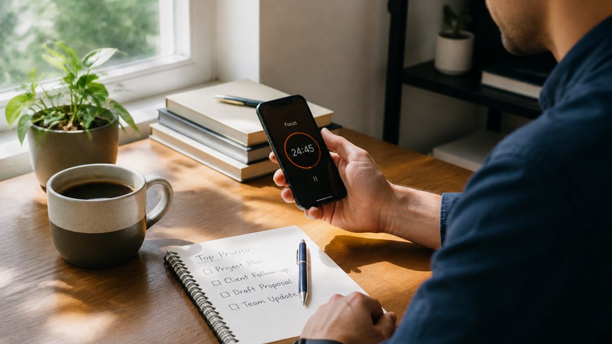Professional working at modern desk with Focus Keeper timer visible on smartphone, notepad with prioritized task list, coffee cup, and natural window lighting