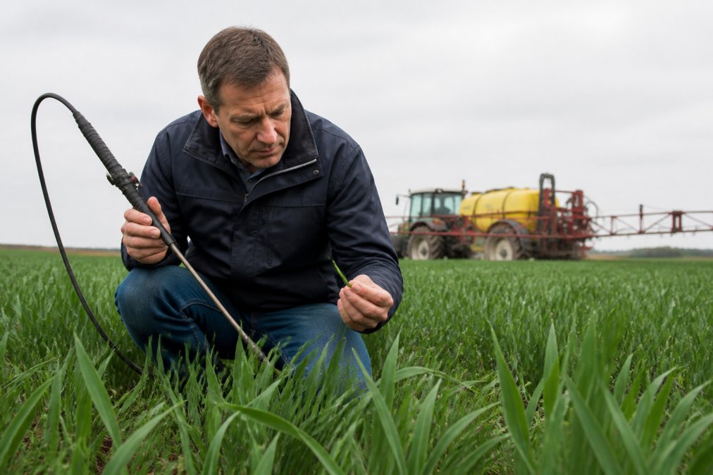 An agronomist in a field of winter wheat, inspecting crop leaves closely while holding a spray nozzle, with a tractor-mounted sprayer visible in the background on a bright overcast day