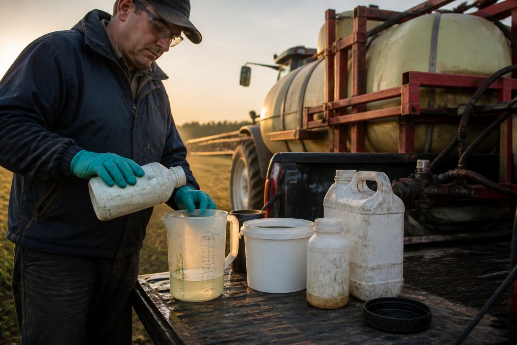 Close-up of a farmer's gloved hands preparing a tank mix beside a field sprayer, with product containers and a measuring jug on a tailgate in early morning light