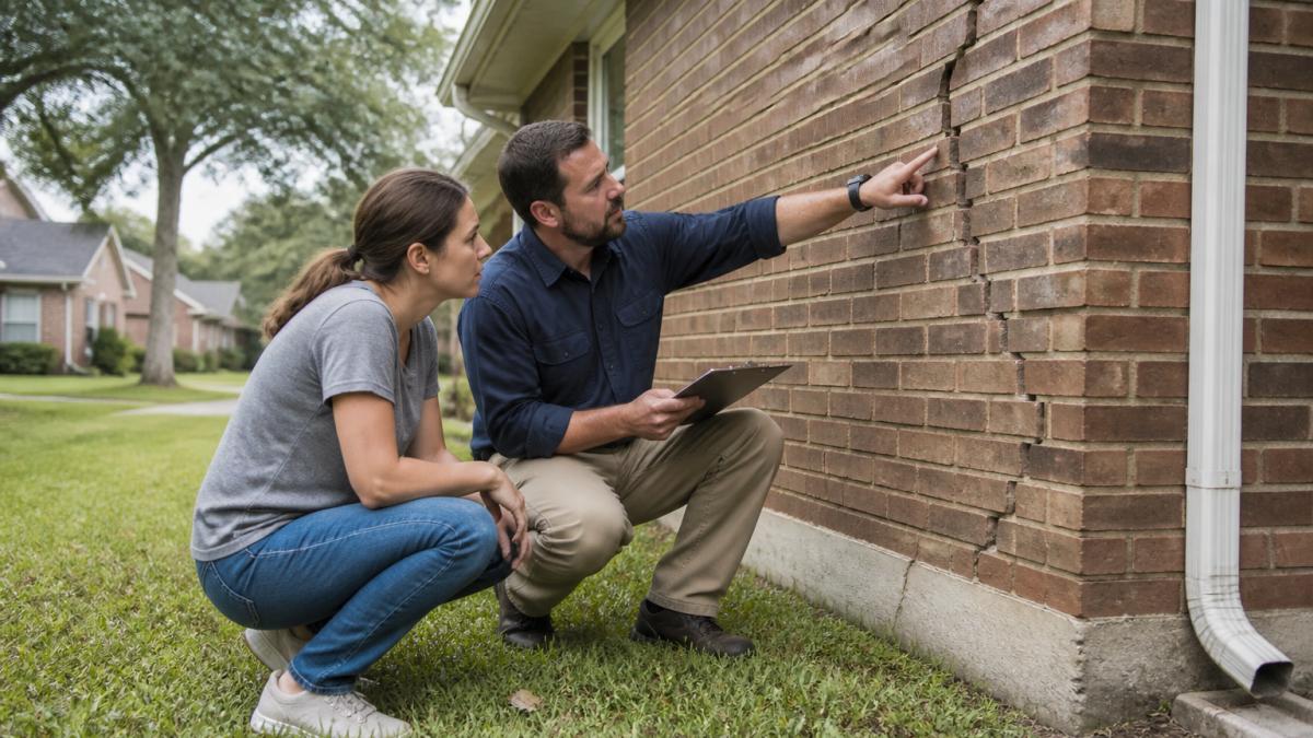 Homeowner and inspector examining a brick wall crack to see if foundation repair covered is necessary.