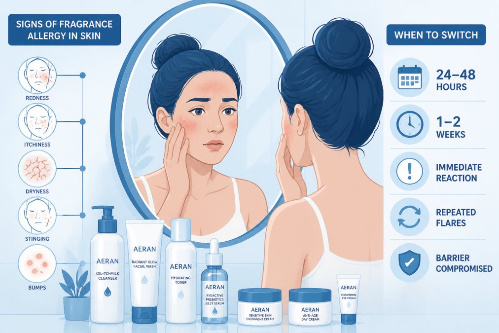 Person examining their face in a mirror, showing visible skin irritation with redness and sensitivity on cheeks and forehead in natural bathroom lighting