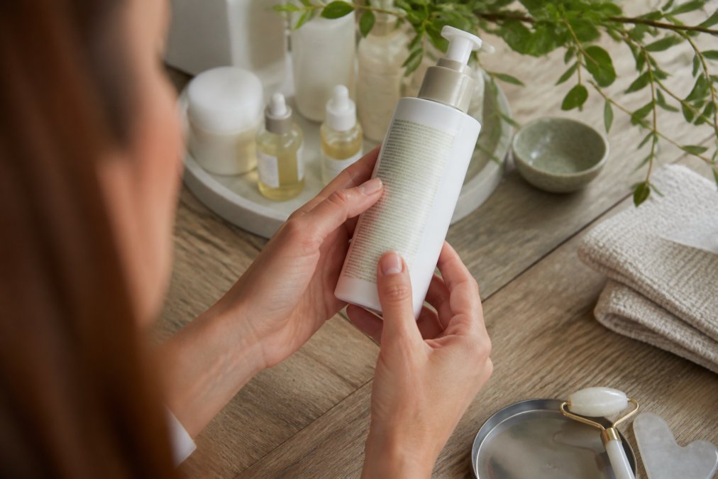 Hands holding a skincare product bottle, carefully reading the detailed ingredient list on the back label in natural lighting