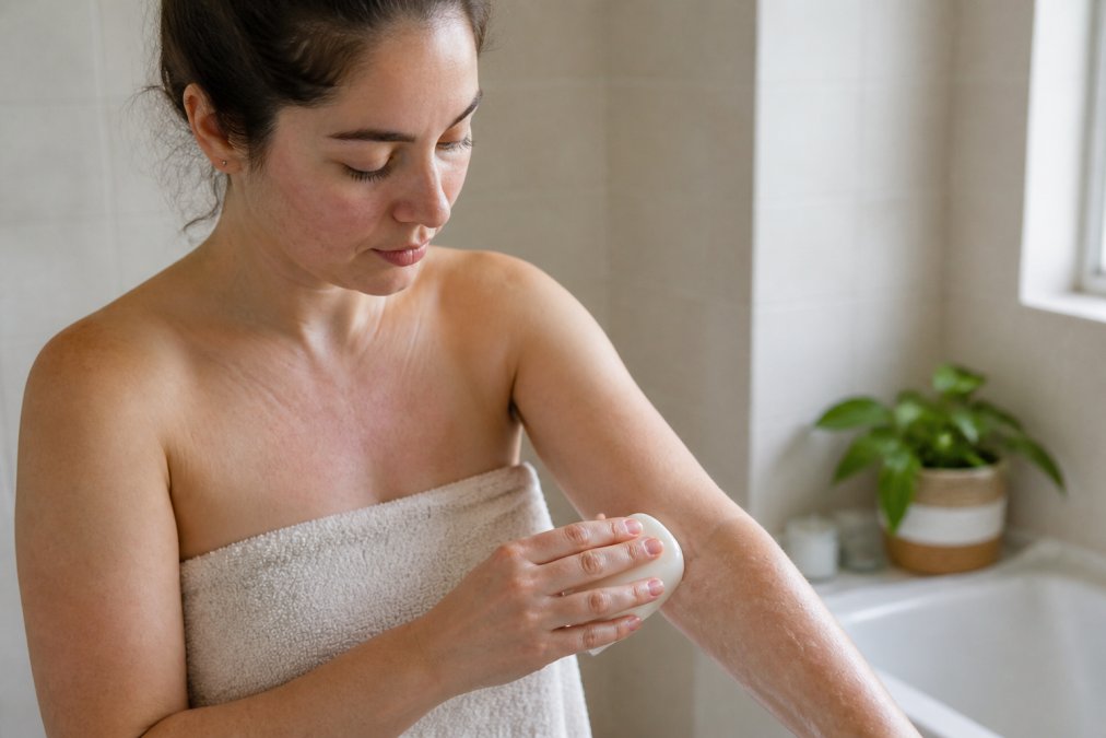 Close-up of a woman with sensitive skin gently applying a fragrance-free soap bar to her forearm, soft natural light, calm bathroom setting