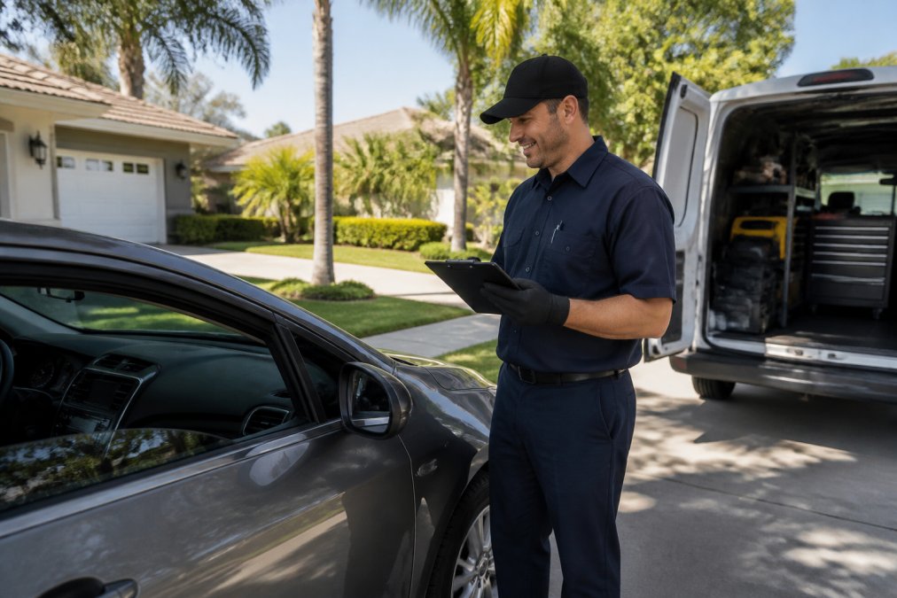 Professional mechanic in uniform standing beside a customer's vehicle in a residential driveway with a service van visible in the background, preparing to drive the car away for service