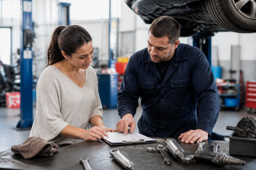 Customer speaking with an ASE-certified mechanic in a clean, well-lit repair shop, reviewing paperwork and discussing vehicle repairs on a workbench