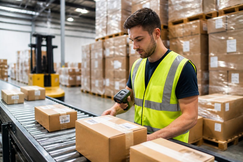 A warehouse worker in a safety vest scanning packages on a conveyor belt, with stacks of cardboard boxes in the background under bright industrial lighting