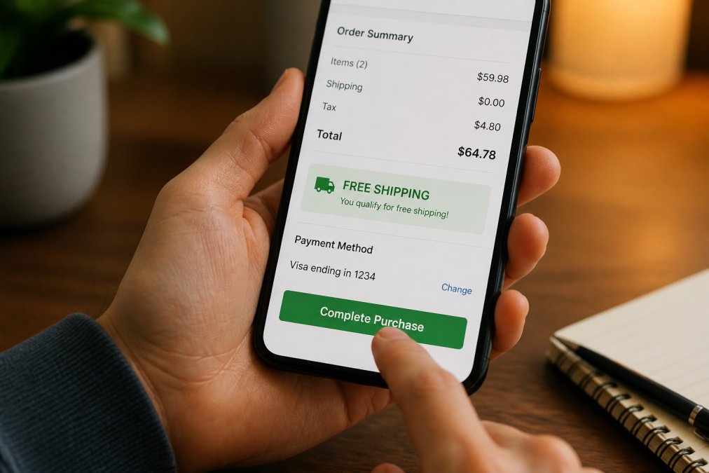 Close-up of a smartphone screen showing an online checkout page with a free shipping offer banner prominently displayed, customer's hands about to tap the complete purchase button, warm ambient lighting on desk