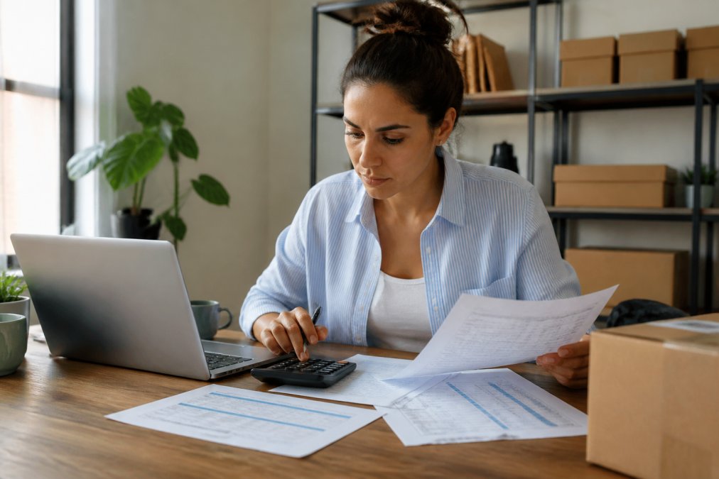 Small business owner at wooden desk with open laptop, calculator, and spreadsheet printouts showing shipping costs and profit margins, natural window light, focused expression reviewing numbers