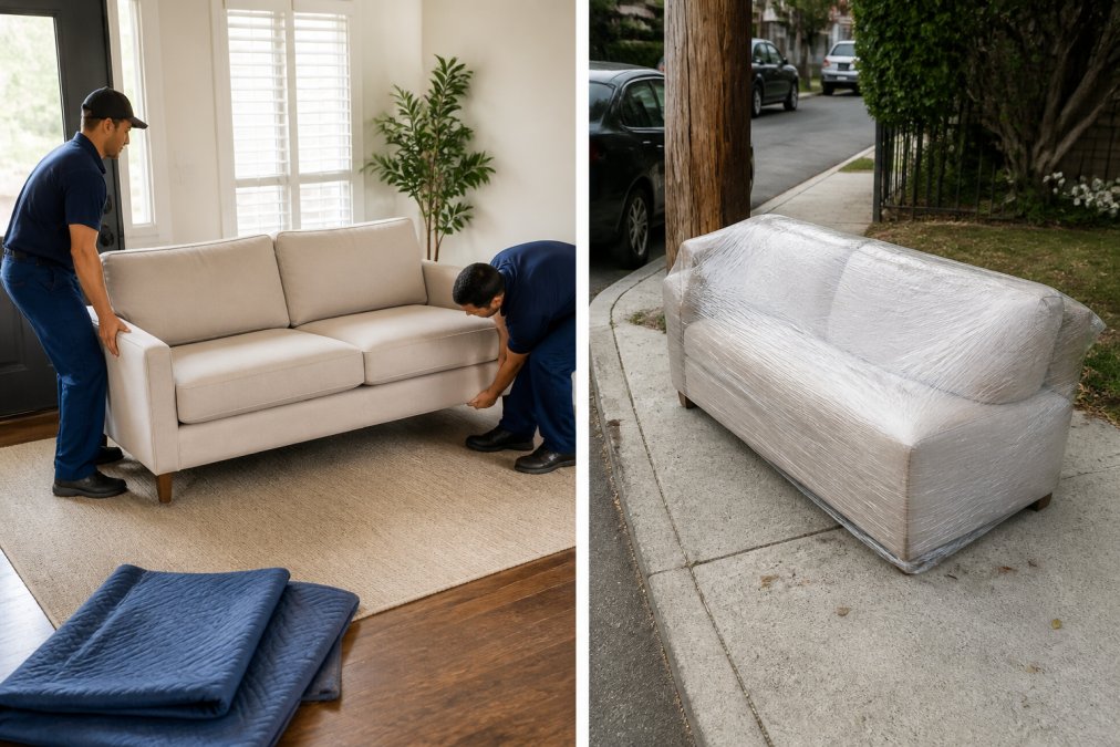 Two delivery workers in a bright living room carefully placing a large sofa, one holding one end while the other adjusts the legs, with protective padding on the floor nearby
