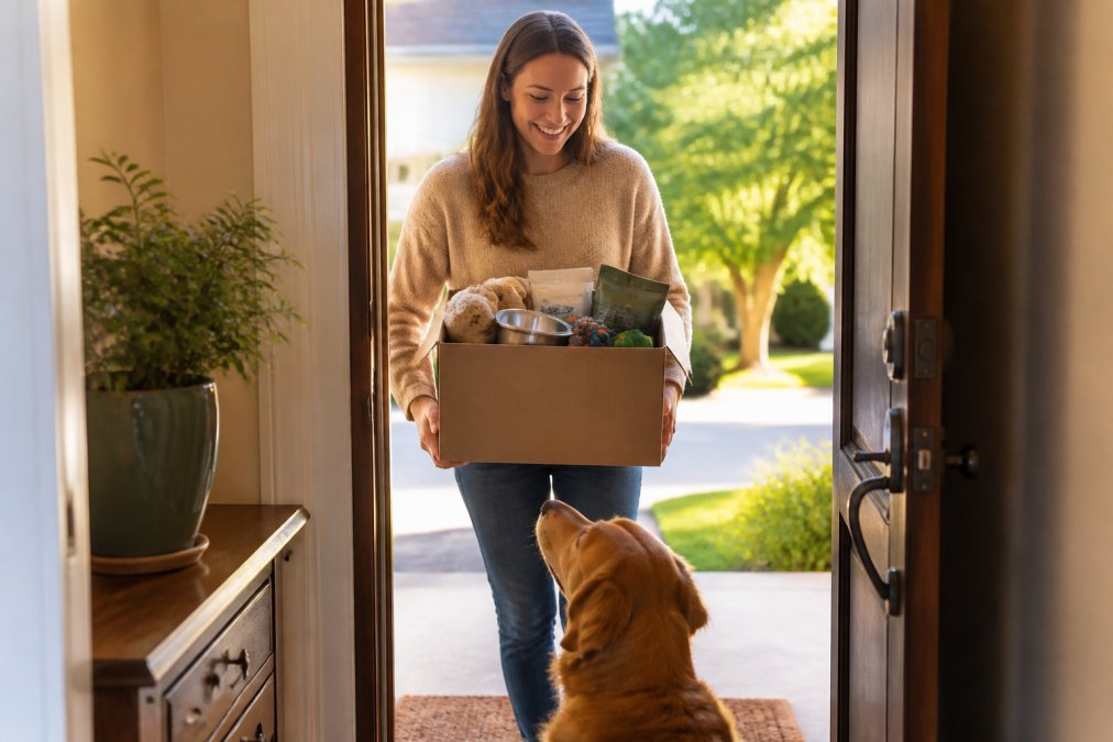 A person holding a cardboard shipping box with pet supplies inside, standing at their front door with a dog looking up curiously in warm afternoon light