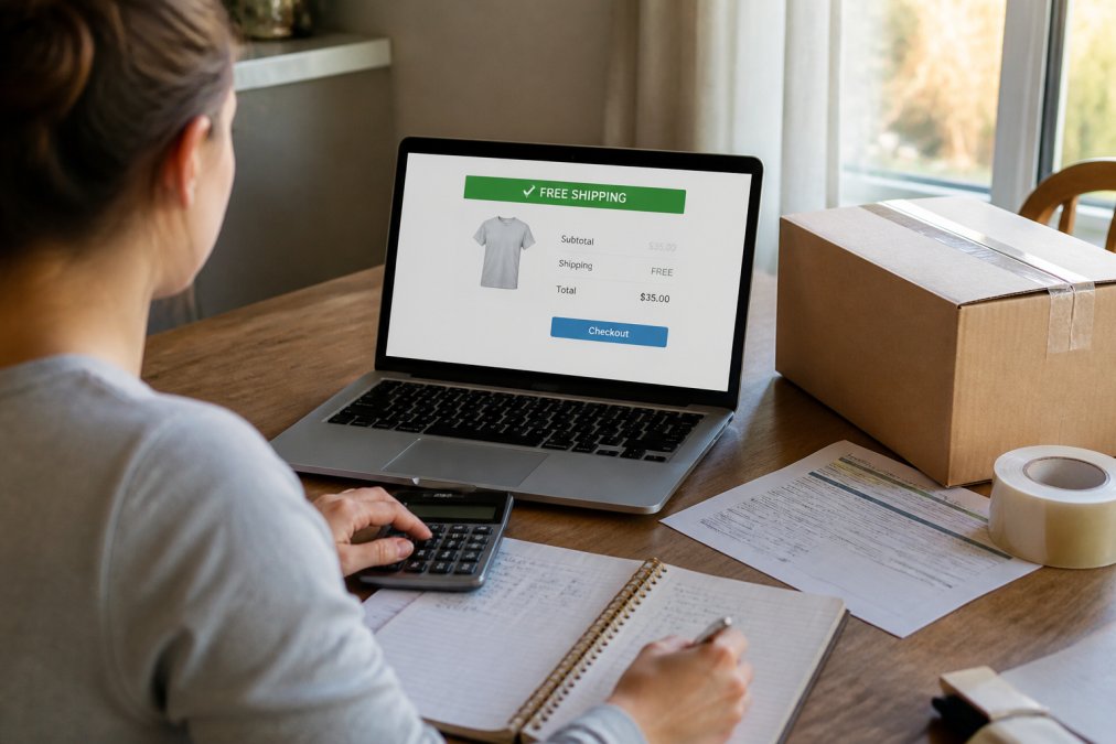 A shopper at a kitchen table with a laptop open to a checkout page showing a free shipping banner, a cardboard box and packing tape beside the laptop, soft afternoon window light