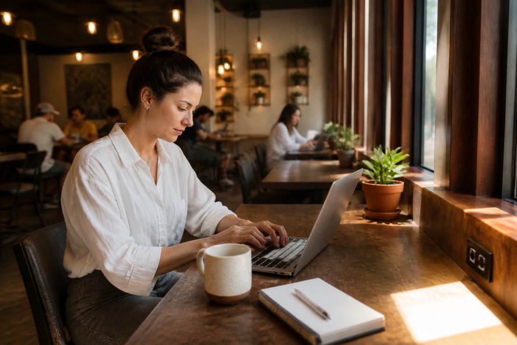 Diagram outlining essential features of a work-ready coffee shop wifi setup for remote laptop workers