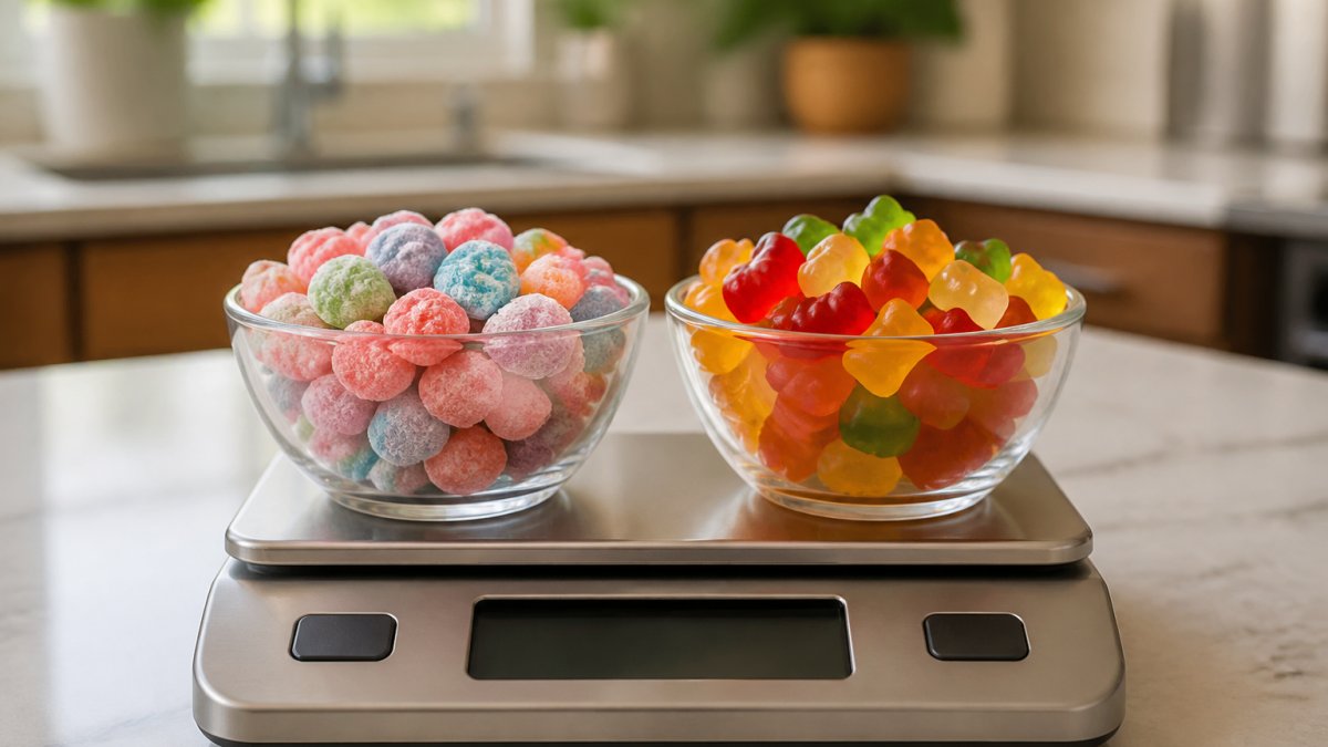 Side-by-side weight comparison of colorful freeze dried candy puffs versus regular gummy candy on a kitchen scale.