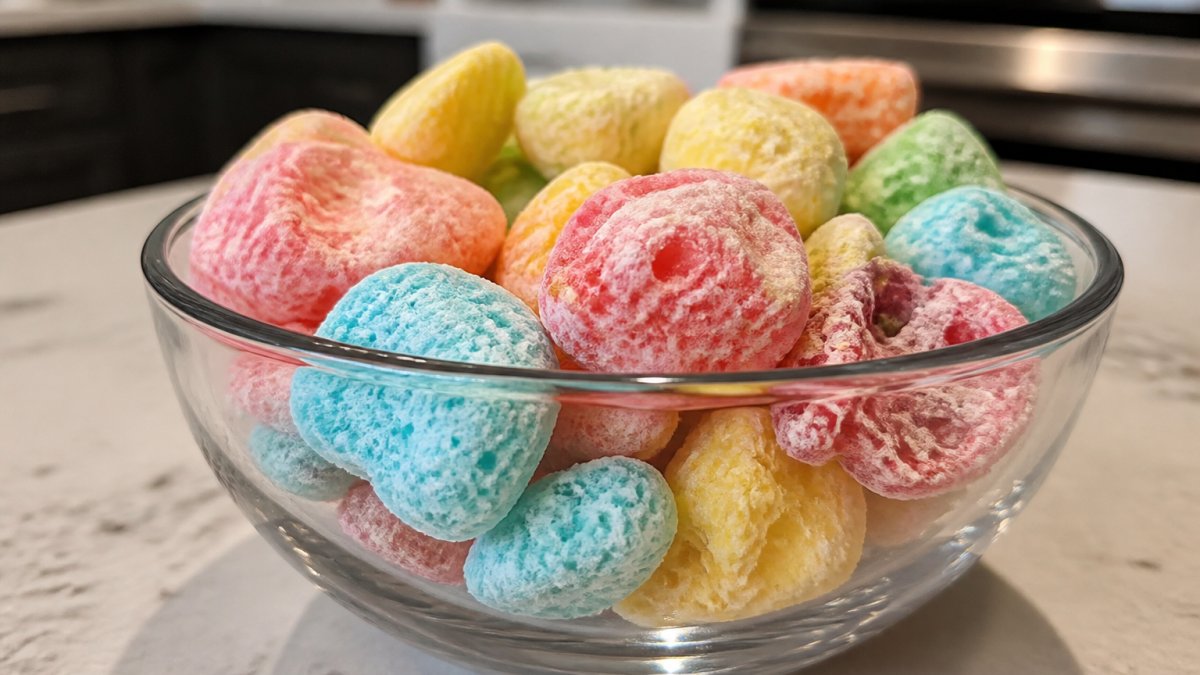 Close-up of colorful freeze-dried candy pieces in a clear bowl on a kitchen counter, showing puffed texture and vibrant colors