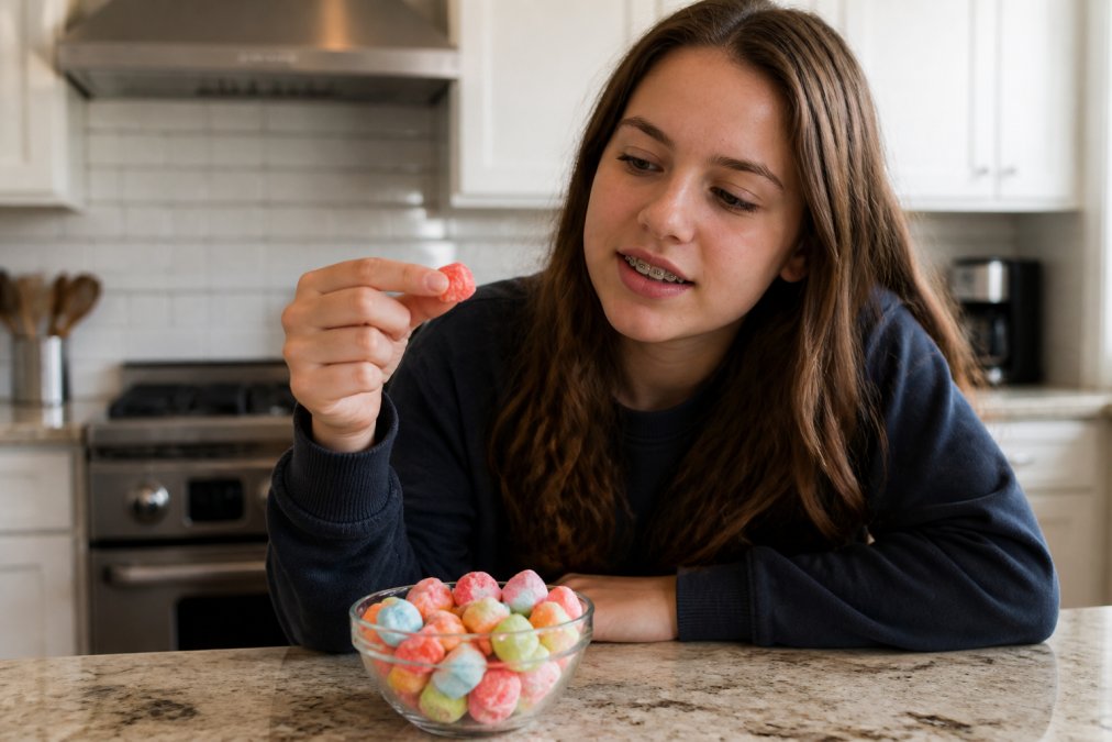 Teenager with braces examining freeze-dried candy to see if it is safe for braces while in a kitchen.