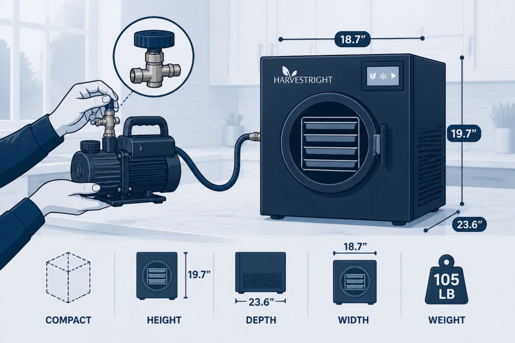 Hands holding a vacuum pump valve next to a Harvest Right freeze dryer unit in a home kitchen, showing the equipment's compact size and practical setup