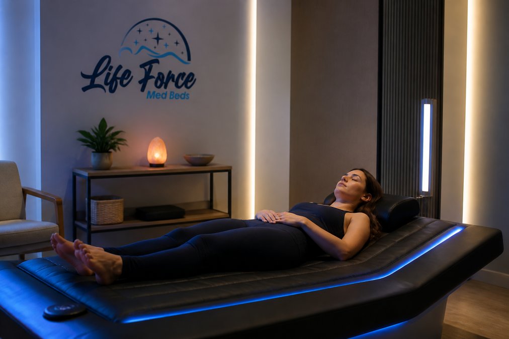 A person relaxing on a modern wellness bed in a softly lit therapy room, with subtle LED light panels and a calm, clinical-but-warm environment