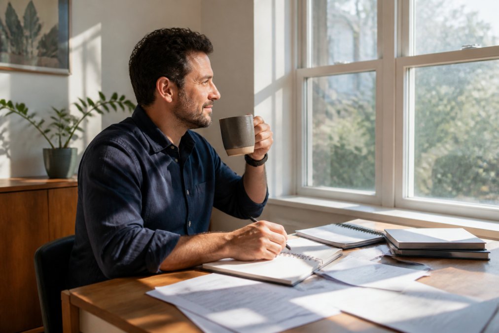 Remote professional enjoying fresh-roasted coffee at a home office desk with morning sunlight streaming through windows, papers scattered, and a warm ceramic cup in hand