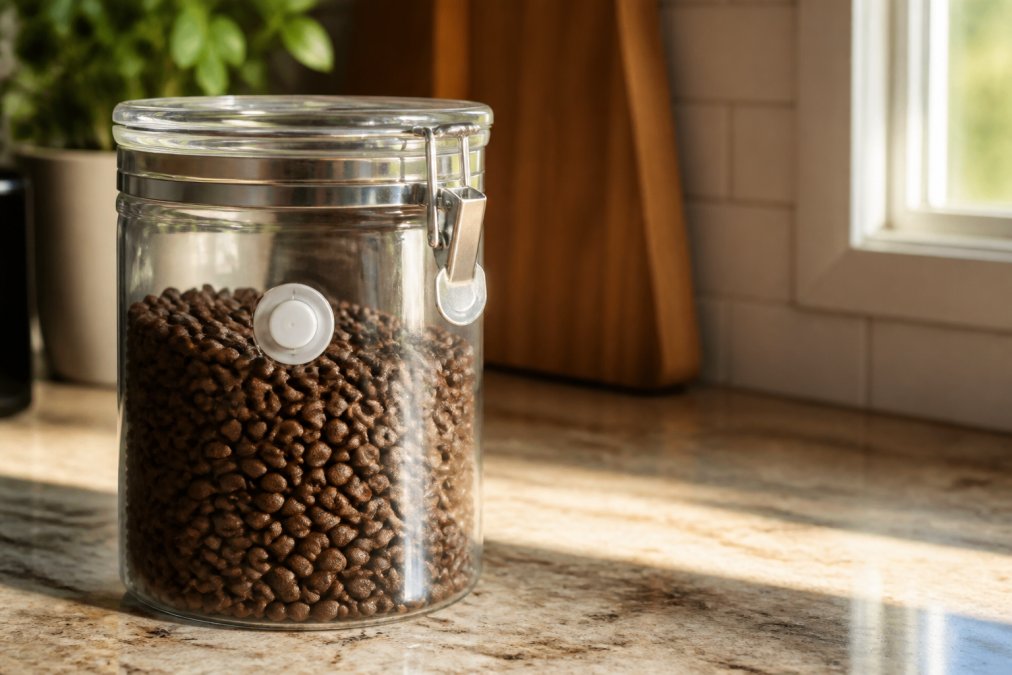 Close-up of coffee beans in an airtight glass container with a one-way valve on a kitchen counter, showing proper storage setup with soft morning light illuminating the beans