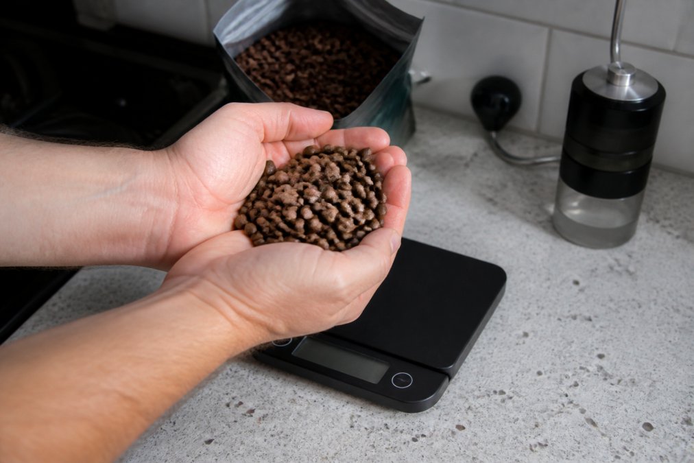 Close-up of hands holding a small handful of whole bean coffee over a digital scale, with a bag of beans and a grinder in the background on a kitchen counter