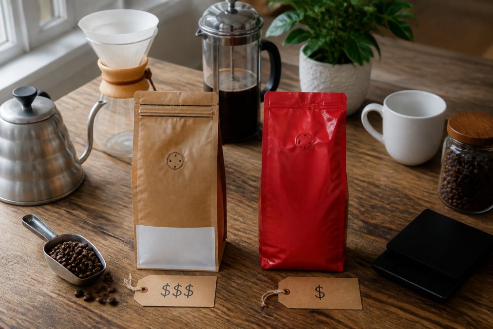 Flat lay composition showing premium fresh roasted coffee bag with roast date label next to standard supermarket coffee package, with brewing equipment, price tags, and measuring scoop arranged on wooden surface with natural window lighting