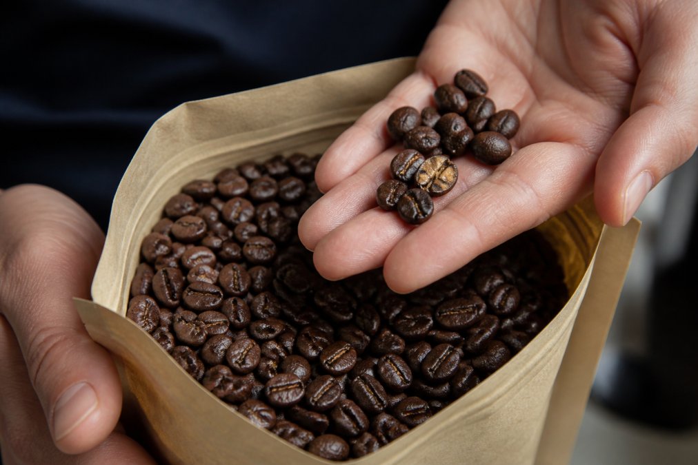 Close-up of hands holding freshly roasted coffee beans in a kraft bag with visible roast date label, showing glossy bean surfaces with rich brown color, one bean broken open to reveal lighter interior crumb structure