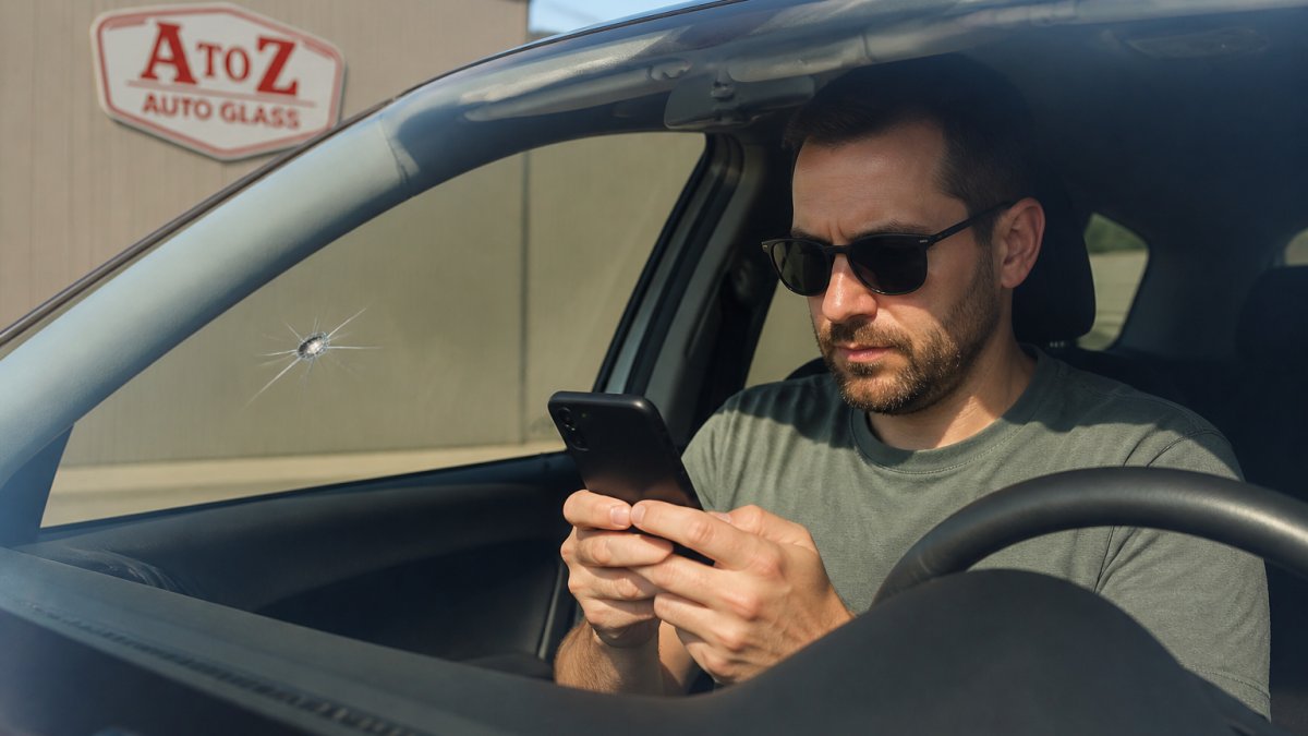 A driver reviews an insurance claim on their phone near a windshield chip to see if full coverage is worth it.