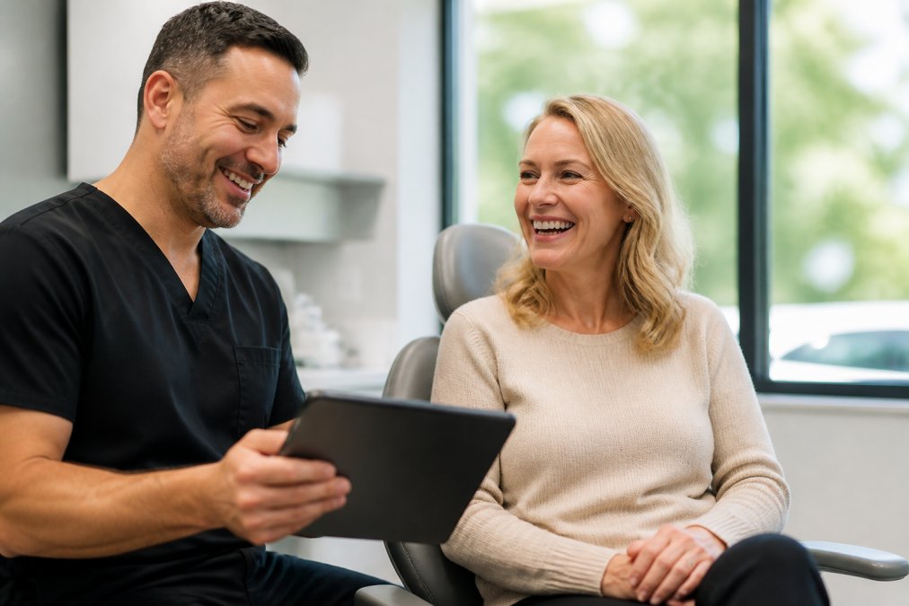 A confident middle-aged patient smiling naturally in a bright, modern dental office, with a dentist nearby reviewing a tablet and natural window light illuminating the scene