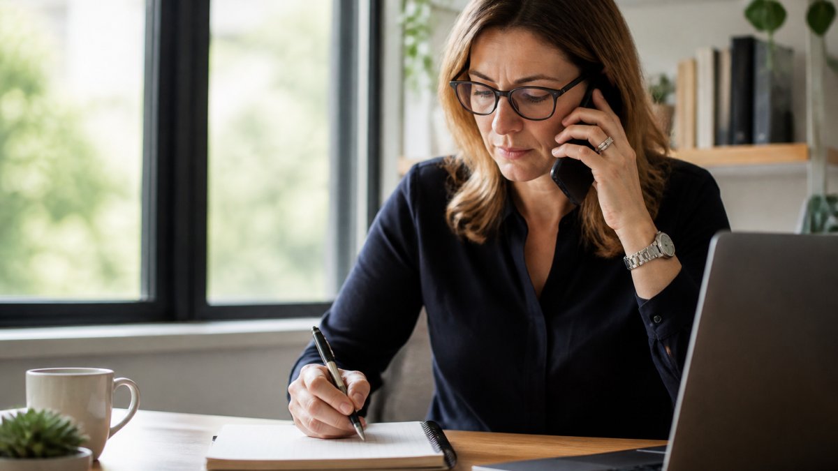 Professional woman on phone at desk with notepad and pen, laptop nearby, focused expression, natural office lighting