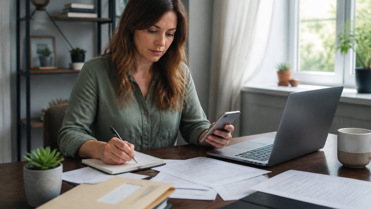 Professional woman sitting at home office desk with laptop and phone, reviewing insurance documents and taking notes, natural window lighting