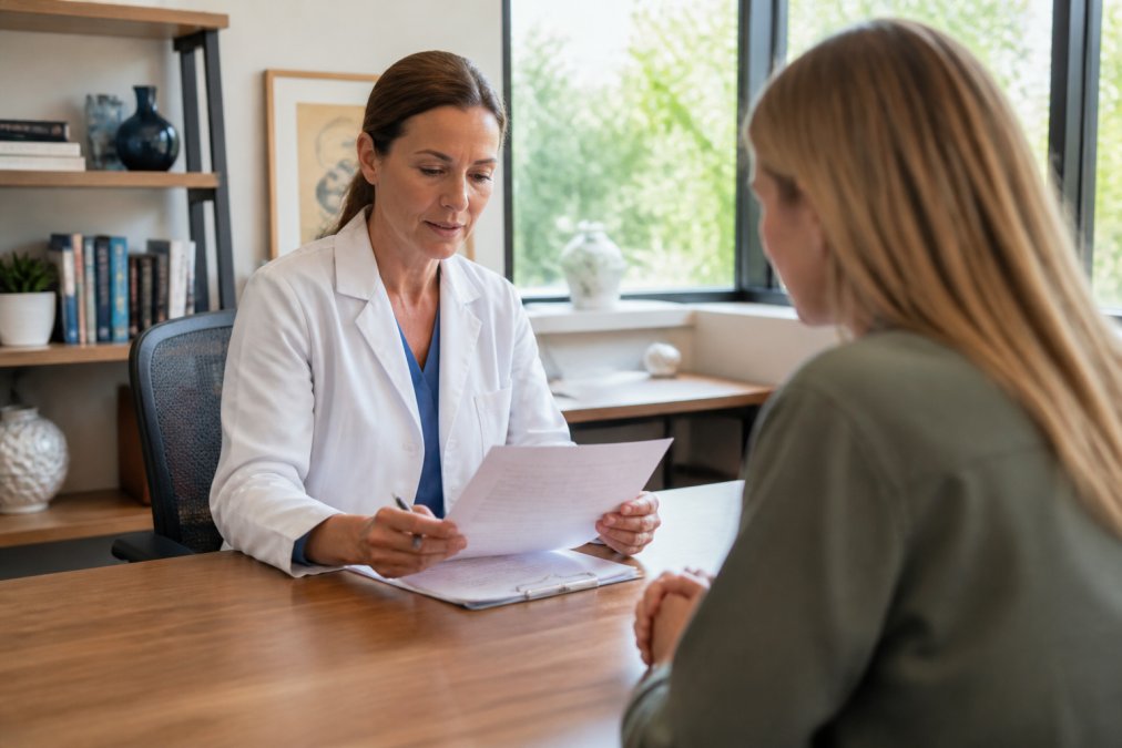 A physician in a white coat reviewing a patient's health questionnaire in a calm, modern clinic office with natural light streaming through windows