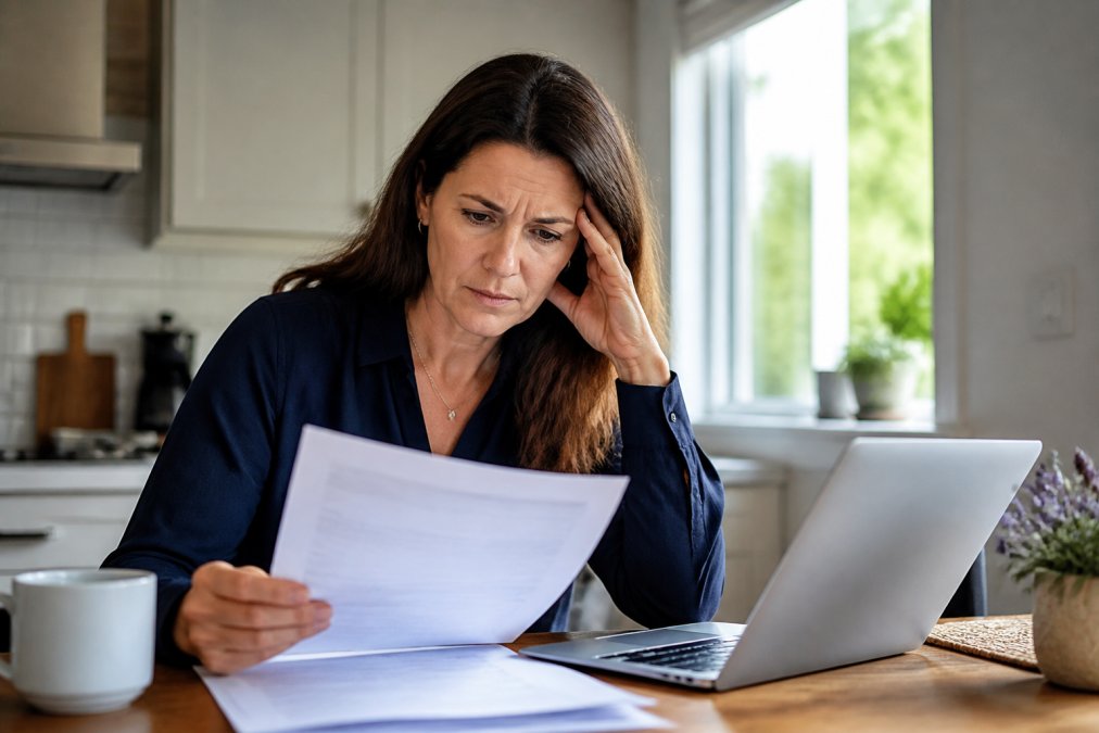 A woman in her 40s sitting at a kitchen table looking at lab results with a concerned expression, a laptop open beside her, soft morning light coming through a window