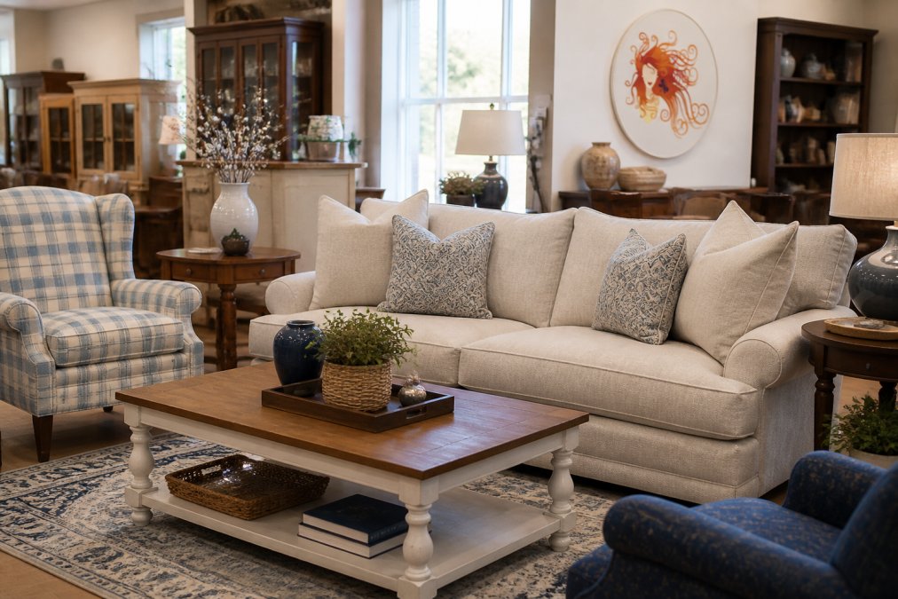 A well-staged living room inside an upscale consignment store, showing a sofa and coffee table arranged in a home-like layout, with soft natural light coming through a window