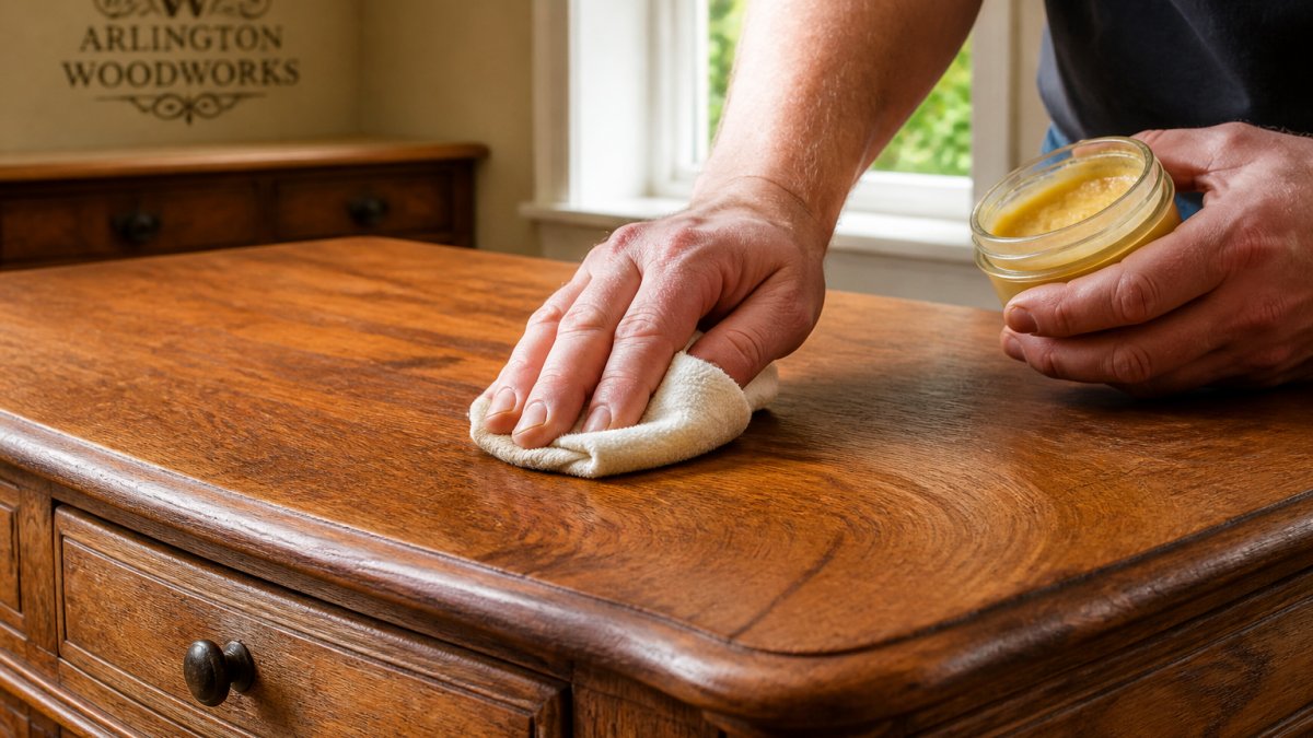 Hands applying wood balm with a soft cloth to a vintage wooden table surface, showing controlled circular buffing motions on warm honey-toned wood with natural side lighting