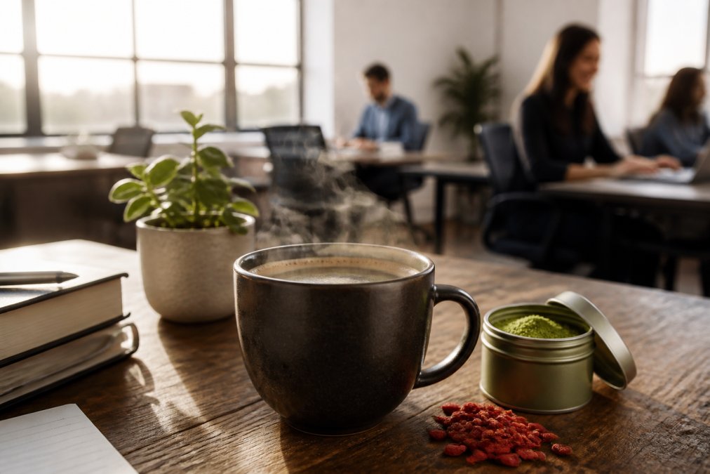 Close-up of a steaming mug of dark coffee on a worn wooden desk beside a small open tin of matcha powder and a handful of dried goji berries, soft morning light coming through a window behind