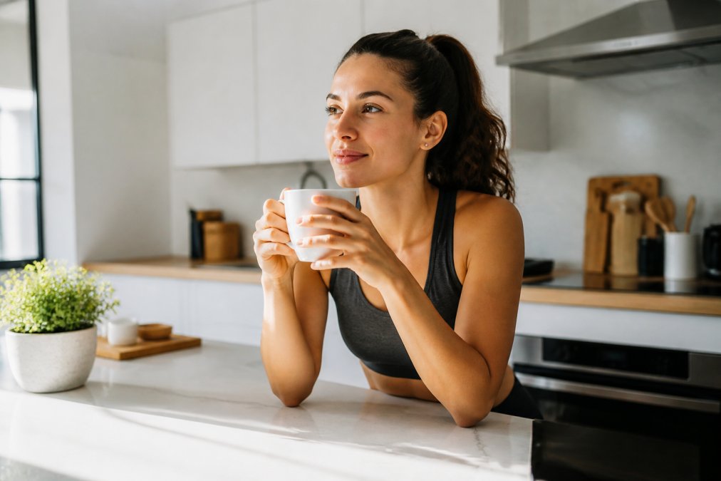 A wellness-focused professional in athletic wear sitting at a bright kitchen counter, holding a white coffee mug with both hands, looking refreshed and alert, clean minimal kitchen background with morning sunlight