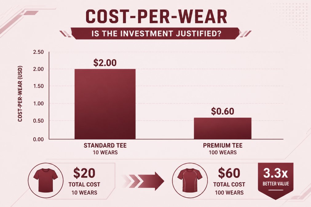 Bar chart comparing cost-per-wear: standard $20 tee worn 10 times ($2.00/wear) vs. premium $60 futuristic tee worn 100 times ($0.60/wear)