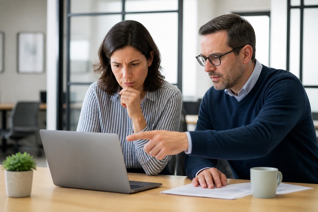 Business owner and marketing director reviewing GA4 consulting data on a laptop with concerned expressions