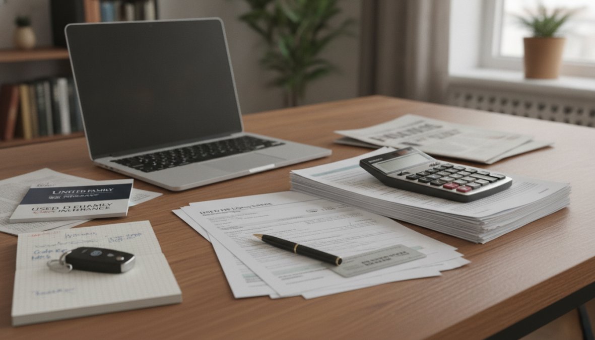 A person sitting at a desk with paperwork, calculator, and laptop, reviewing loan documents and car valuation paperwork under natural office lighting