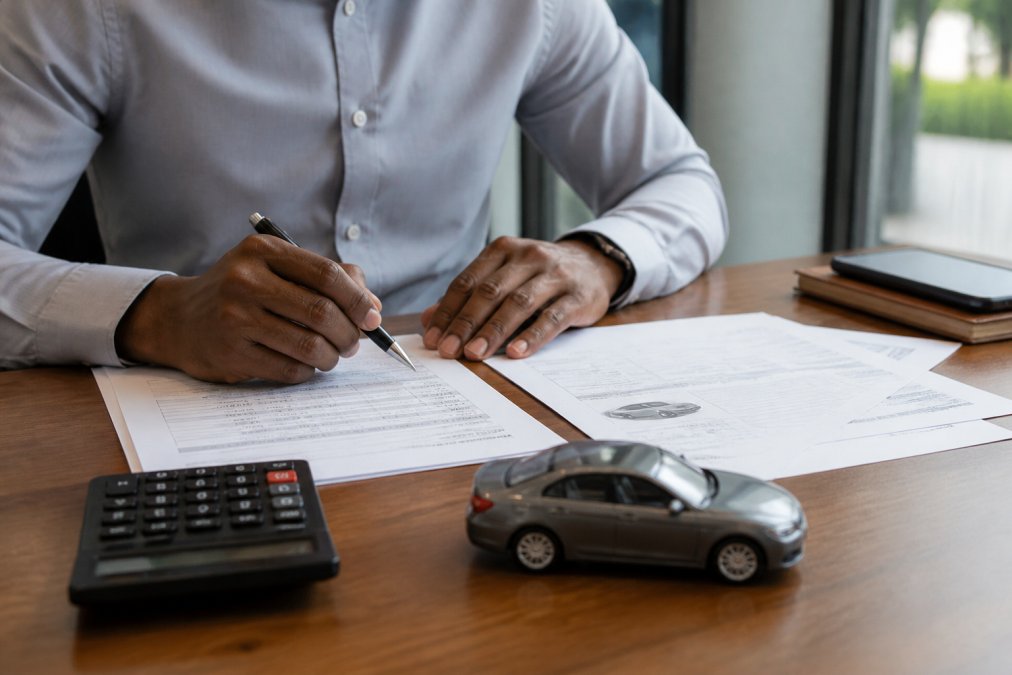 Professional reviewing loan documents and vehicle valuation paperwork at a desk with calculator and pen in natural office lighting
