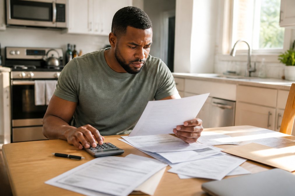 Person reviewing vehicle paperwork and loan documents at a kitchen table with a calculator and pen nearby, natural afternoon light streaming through window