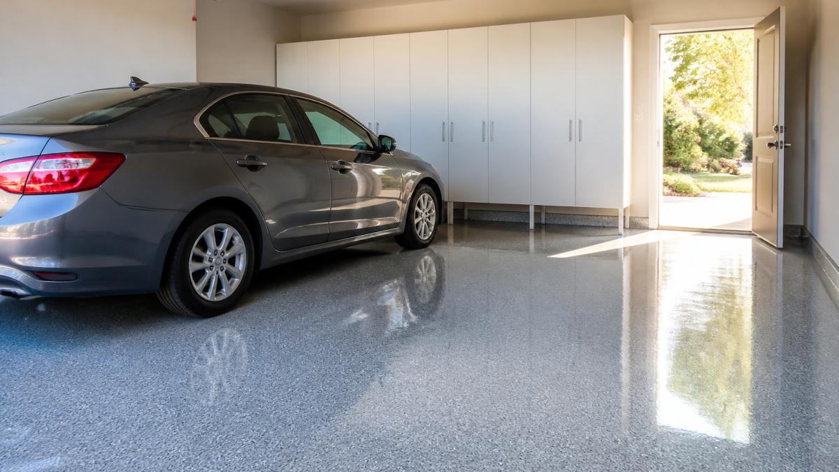 A well-lit two-car garage with a glossy gray epoxy floor coating, white storage cabinets along the back wall, a sedan parked on the coated surface, and morning light coming through an open side door