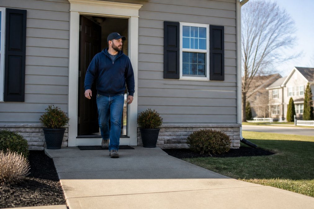 Homeowner calmly exiting through front door with purposeful stride, daylight visible behind them, suburban home exterior, safe distance from building in background