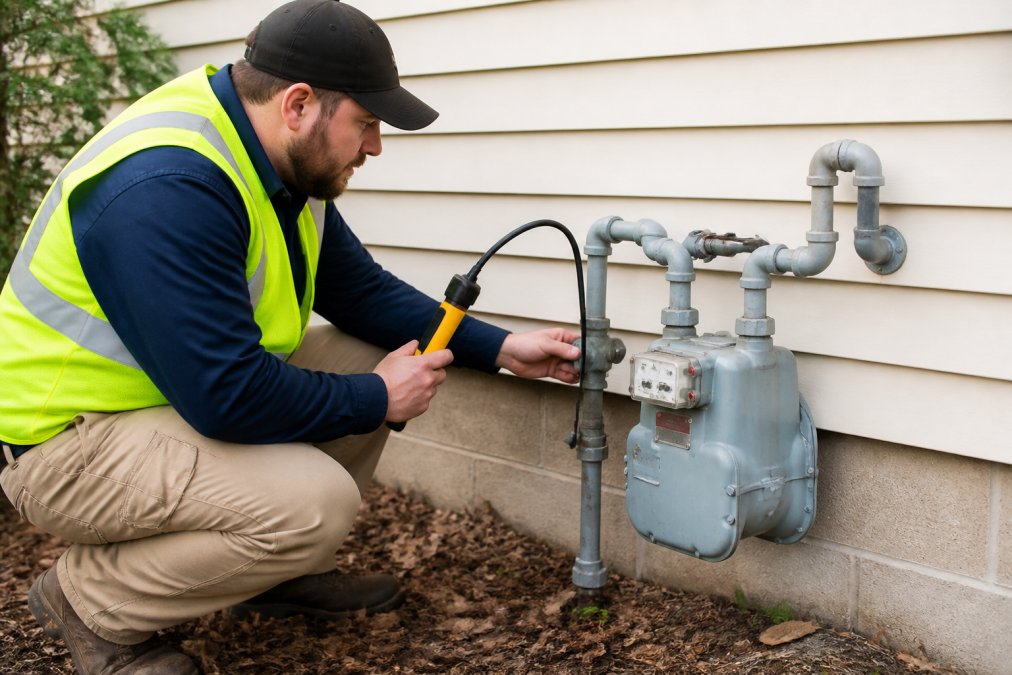 Professional technician in safety vest using handheld detection equipment near gas meter connection, focused inspection work, daylight, residential setting with visible gas piping