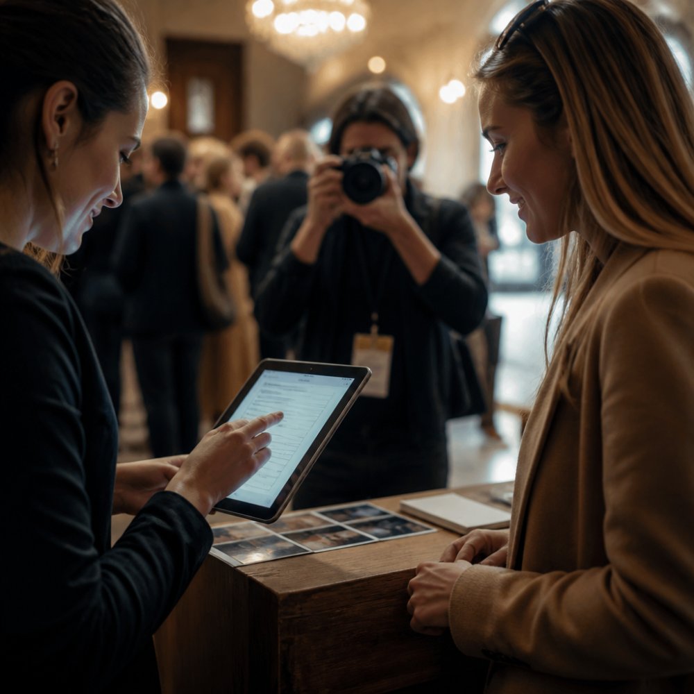 A close-up of hands holding a tablet displaying a digital consent form at an event registration desk, with a blurred background of guests arriving and a photographer adjusting a camera