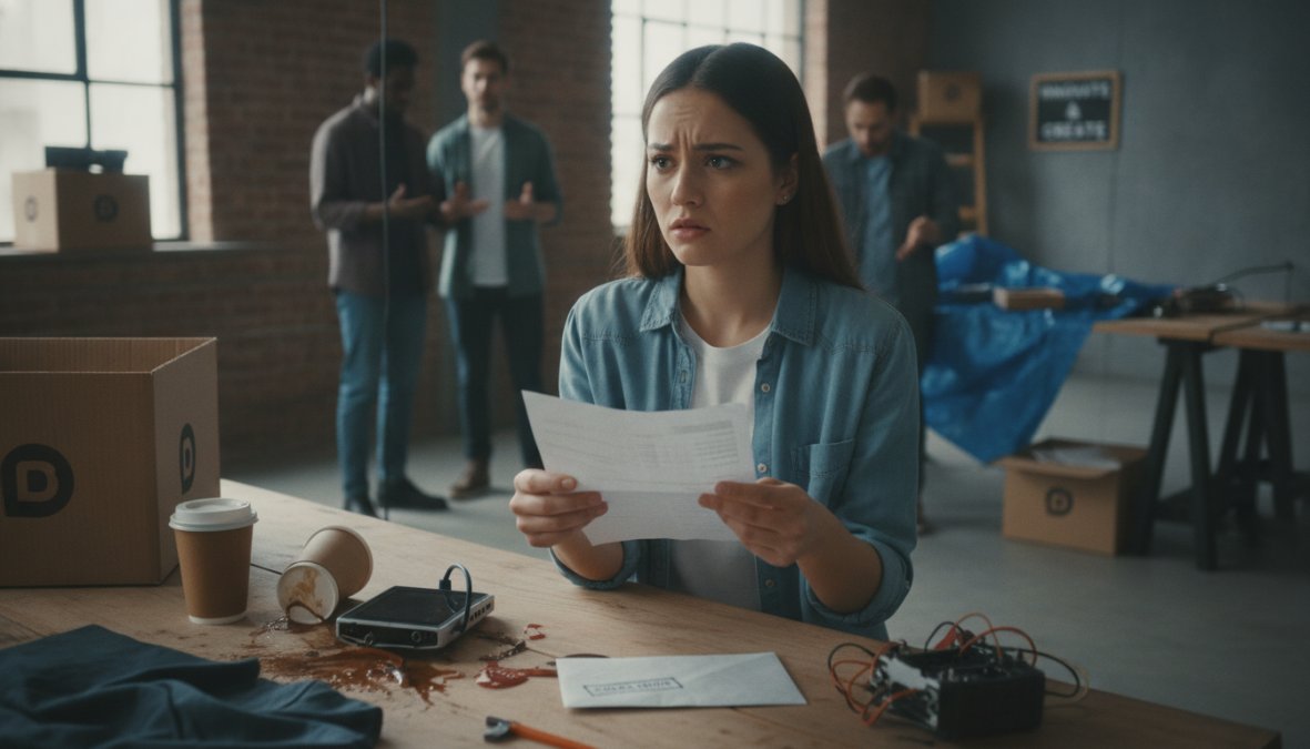 A startup founder sitting at a cluttered desk reviewing insurance policy documents and business contracts under warm office lighting, with a concerned but focused expression