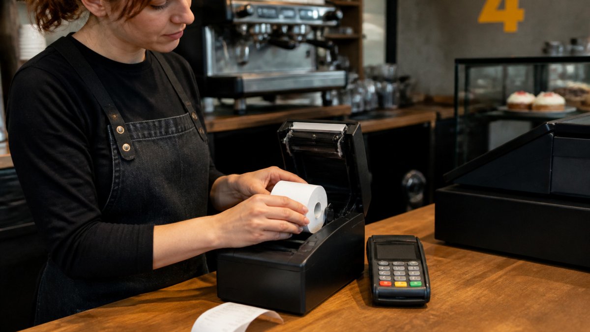 Café employee loading a roll of generic receipt paper into a POS printer at a counter