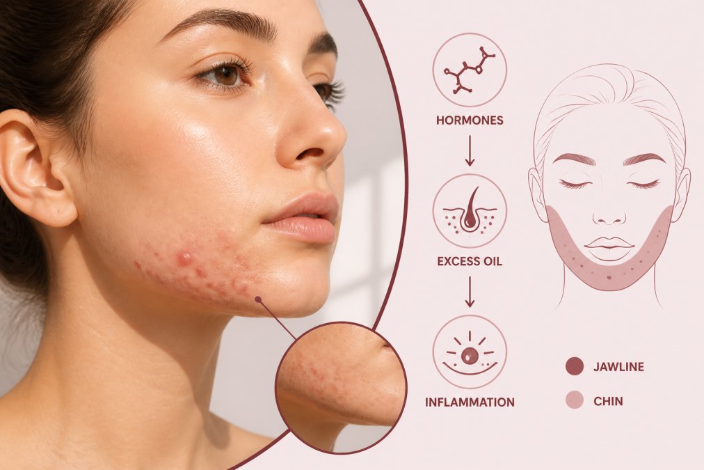 Close-up of a young person's face showing hormonal acne around the jawline and chin area with redness and inflammation, while the rest of the face appears clear and glowing, photographed in natural window lighting