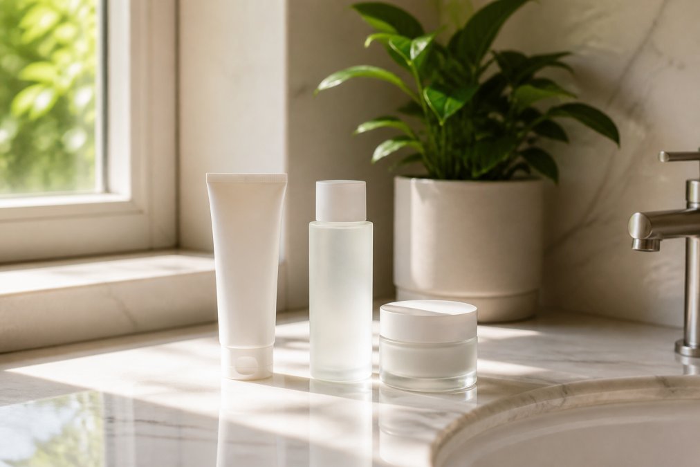 A minimalist bathroom counter with skincare products arranged neatly: a gentle cleanser, hydrating toner, and lightweight moisturizer, with natural light streaming through a window and a small plant in the background